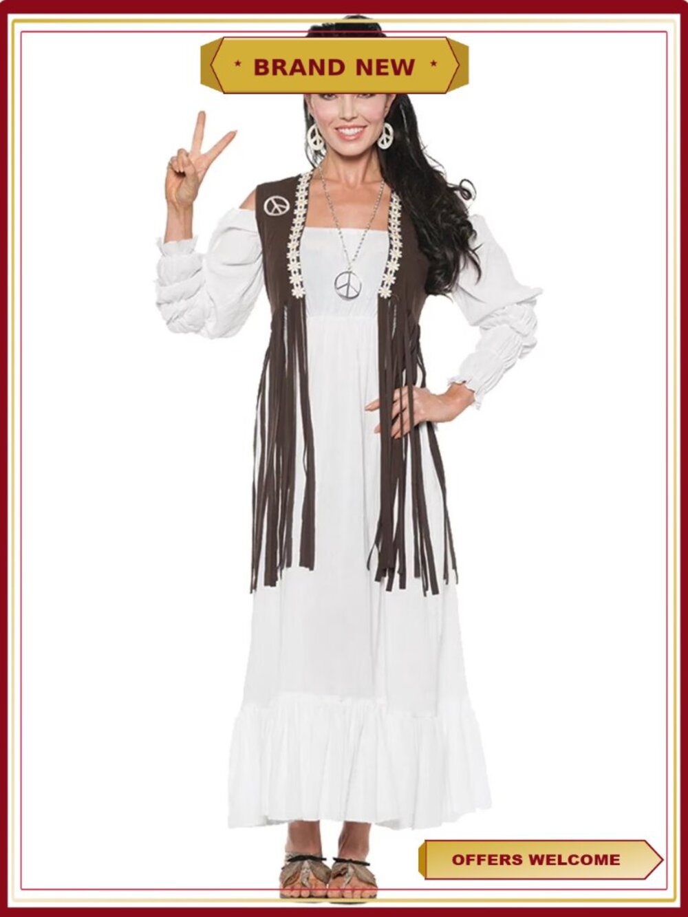 Women's Hippie Costume Fringed Gauze Dress with Vest Headband Size L